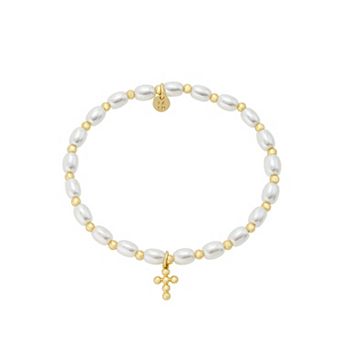 Gratitude & Grace 14k Gold Flash Plated Beaded Cross & Simulated Pearl Stretch Bracelet