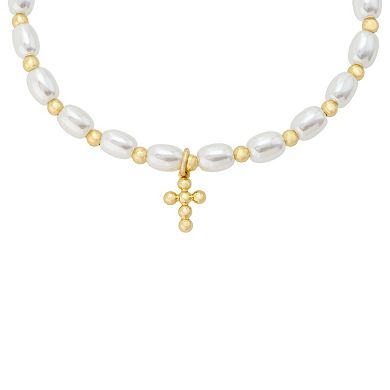 Gratitude & Grace 14k Gold Flash Plated Beaded Cross & Simulated Pearl Stretch Bracelet