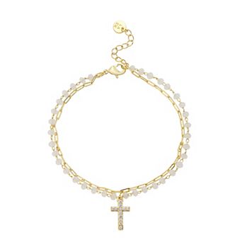 Gratitude & Grace 14k Gold Flash Plated Cubic Zirconia Cross Paper Clip Layered Chain Bracelet