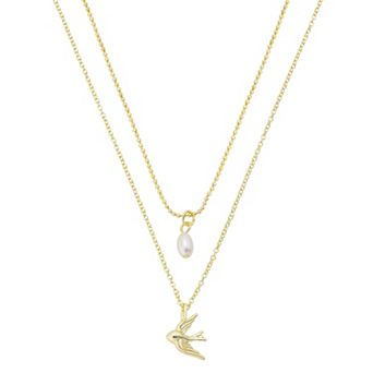 Gratitude & Grace 14k Gold Flash Plated Dove & Simulated Pearl Layered Pendant Necklace