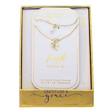 Gratitude & Grace 14k Gold Flash Plated Dove & Simulated Pearl Layered Pendant Necklace