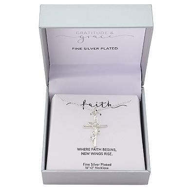 Gratitude & Grace Fine Silver Plated Cubic Zirconia Butterfly & Cross Pendant Necklace