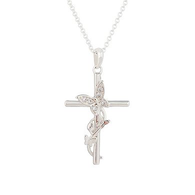 Gratitude & Grace Fine Silver Plated Cubic Zirconia Butterfly & Cross Pendant Necklace