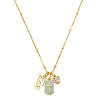 Gratitude & Grace 14k Gold Flash Plated Faith Cubic Zirconia Cross & Heart Charm Pendant Necklace