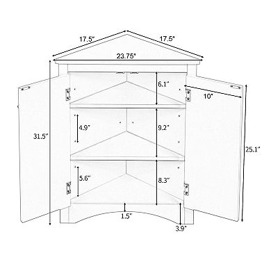 White Triangle Bathroom Storage Cabinet with Adjustable Shelves, 31.5"H