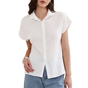 Cotton Linen Shirts for Women Button Down Short Sleeve Shirt Summer Casual Beach Blouses Tops