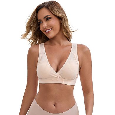 Women's Front Closure Wireless Postpartum Breastfeeding Lingerie V-Neck Push Up Ribbed Nursing Bras