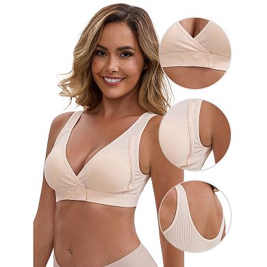 Women's Front Closure Wireless Postpartum Breastfeeding Lingerie V-Neck Push Up Ribbed Nursing Bras