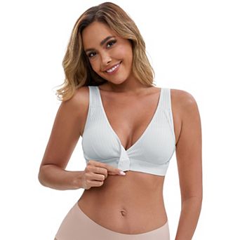 Women's Front Closure Wireless Postpartum Breastfeeding Lingerie V-Neck Push Up Ribbed Nursing Bras