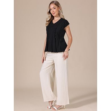 Casual Short Sleeve Basic Tops V Neck Blouse Casual Linen Loose Fit Peplum Tops