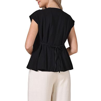 Casual Short Sleeve Basic Tops V Neck Blouse Casual Linen Loose Fit Peplum Tops