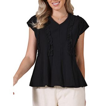 Casual Short Sleeve Basic Tops V Neck Blouse Casual Linen Loose Fit Peplum Tops