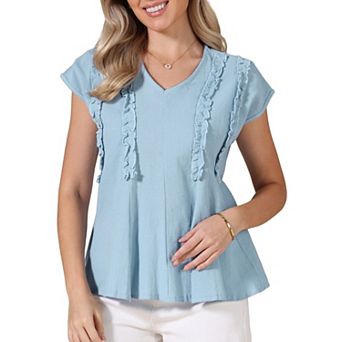 Casual Short Sleeve Basic Tops V Neck Blouse Casual Linen Loose Fit Peplum Tops