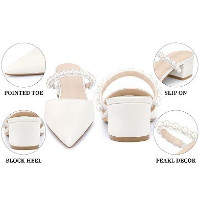 Women's Pointed Toe Pearl Strap Slip on Heel Pumps Slides Mules