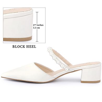 Women's Pointed Toe Pearl Strap Slip on Heel Pumps Slides Mules