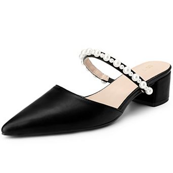 Women's Pointed Toe Pearl Strap Slip on Heel Pumps Slides Mules