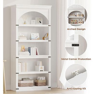 5-Shelf Arched Bookcase, Farmhouse Style with Metal Corner Guards & Easy Assembly