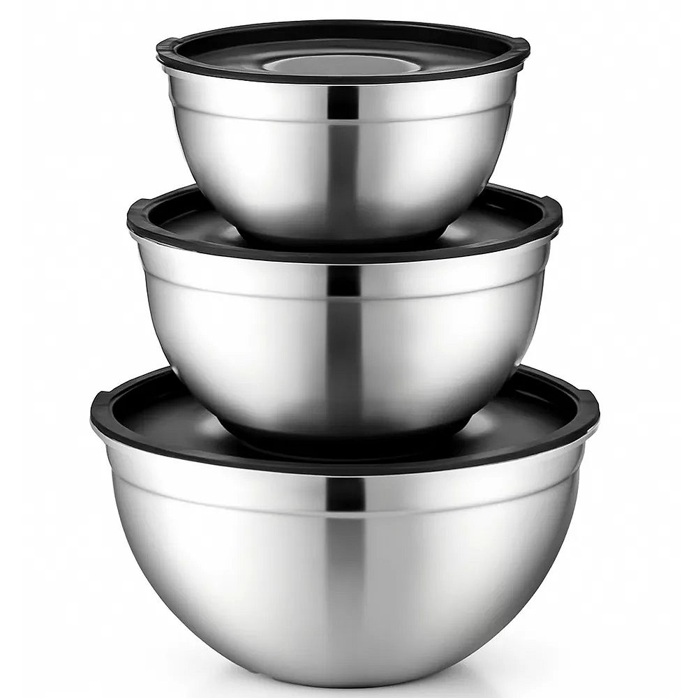 Stainless Steel Mixing Bowls with Lids, 3‑Pc Rust‑Resistant Nonslip Nesting Set for Cooking & Baking