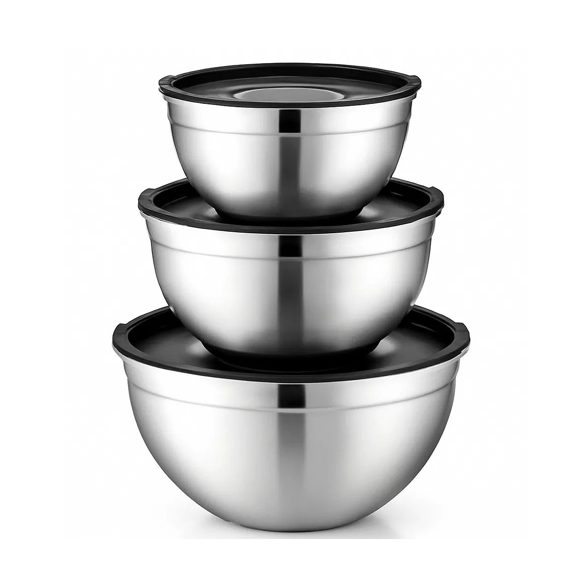Stainless Steel Mixing Bowls with Lids, 3‑Pc Rust‑Resistant Nonslip Nesting Set for Cooking & Baking