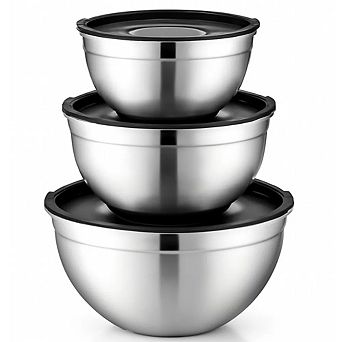 Stainless Steel Mixing Bowls with Lids, 3 pc Rust‑Resistant Nonslip Nesting Set for Cooking & Baking