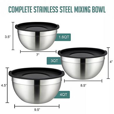 Stainless Steel Mixing Bowls with Lids, 3‑Pc Rust‑Resistant Nonslip Nesting Set for Cooking & Baking