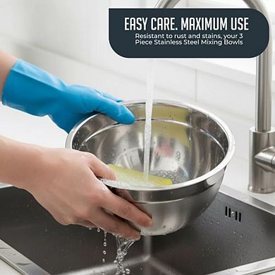Stainless Steel Mixing Bowls with Lids, 3‑Pc Rust‑Resistant Nonslip Nesting Set for Cooking & Baking