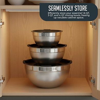 Stainless Steel Mixing Bowls with Lids, 3‑Pc Rust‑Resistant Nonslip Nesting Set for Cooking & Baking