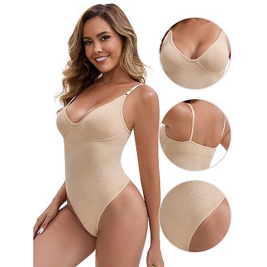 Women's Plunge Padded Bodysuits Tummy Control Slimming Waist Spaghetti Straps Seamless Jumpsuits