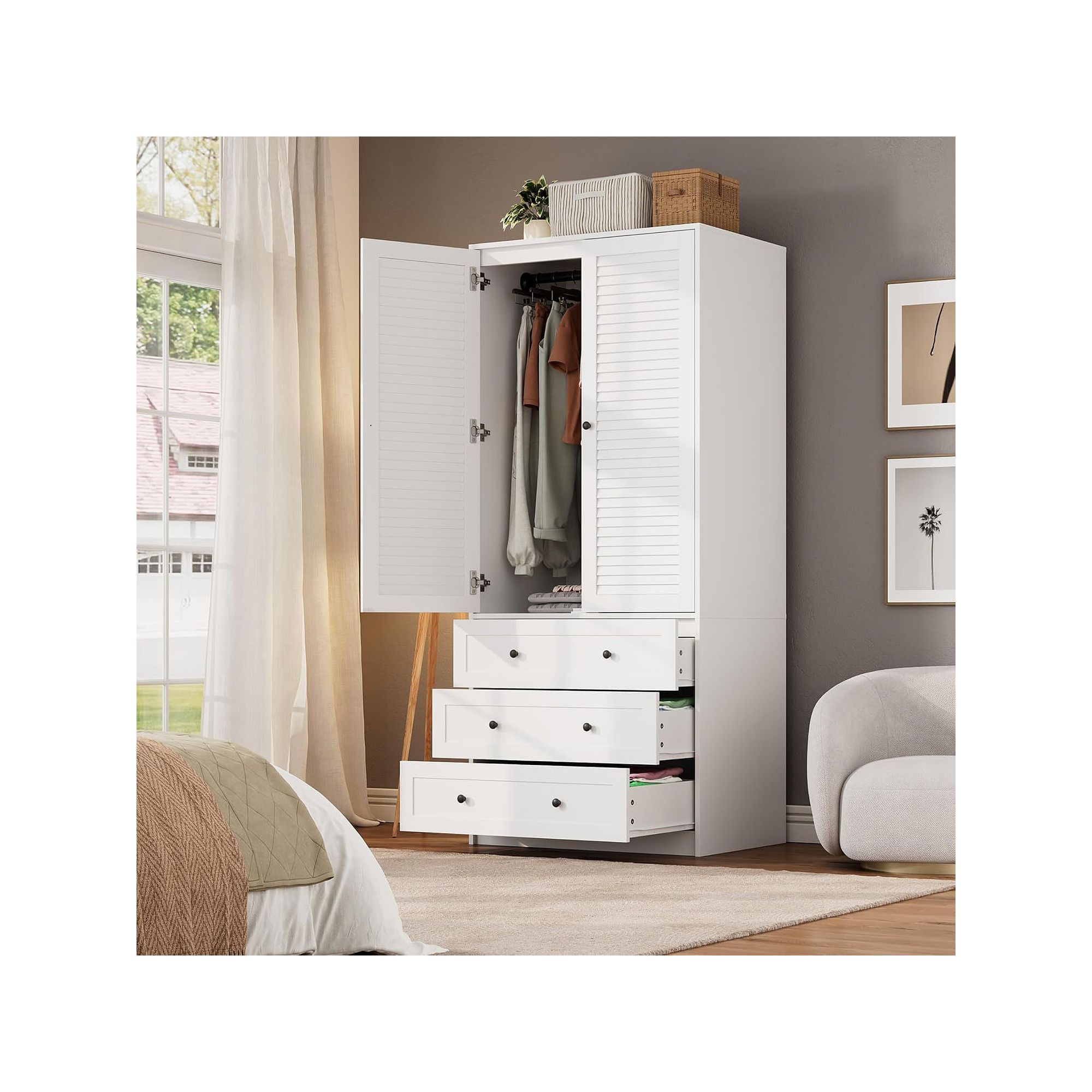White armoire with louvered doors open showing hanging rod and shelves