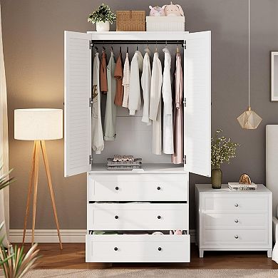 69.5 in Armoire with Louvered Doors & Drawers, Wooden Wardrobe with Hanging Rod