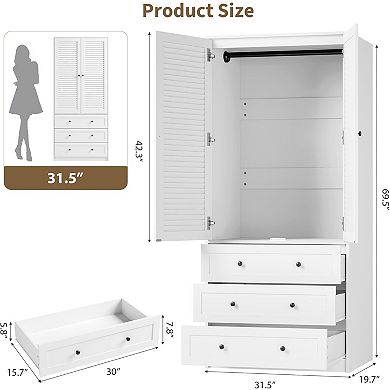 69.5 in Armoire with Louvered Doors & Drawers, Wooden Wardrobe with Hanging Rod