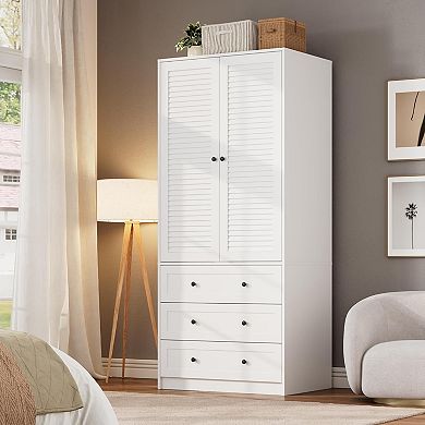 69.5 in Armoire with Louvered Doors & Drawers, Wooden Wardrobe with Hanging Rod