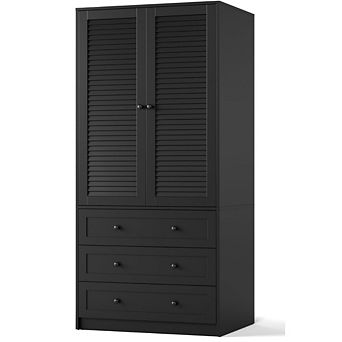 69.5 in Armoire with Louvered Doors & Drawers, Wooden Wardrobe with Hanging Rod