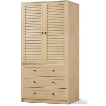69.5 in Armoire with Louvered Doors & Drawers, Wooden Wardrobe with Hanging Rod