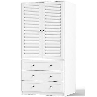 69.5 in Armoire with Louvered Doors & Drawers, Wooden Wardrobe with Hanging Rod
