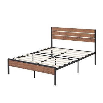 Wooden Headboard and Footboard Bed Frame with Metal Platform and Under-Bed Storage