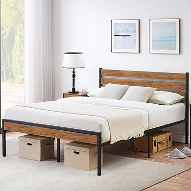 Wooden Headboard and Footboard Bed Frame with Metal Platform and Under-Bed Storage