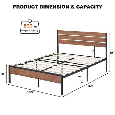 Wooden Headboard and Footboard Bed Frame with Metal Platform and Under-Bed Storage