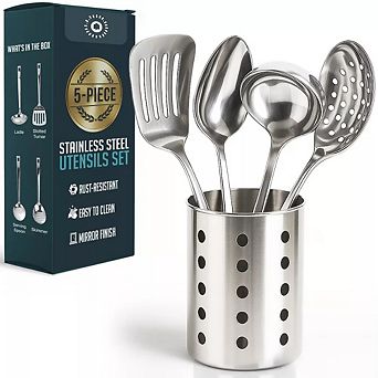 Stainless Steel Kitchen Utensil Set with Holder, 5 pc Heat Resistant Kitchen Tools Set, Nonstick