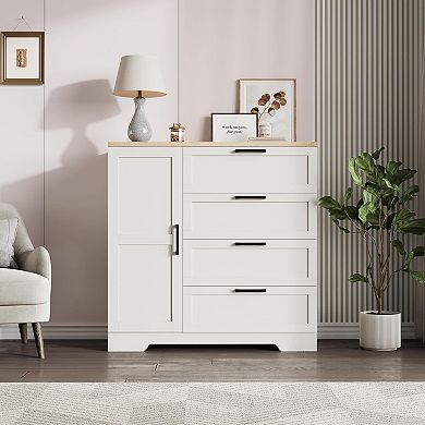 43.3" H Wardrobe with 4 Drawers & Hanging Rod, Multifunctional Wood Storage Cabinet