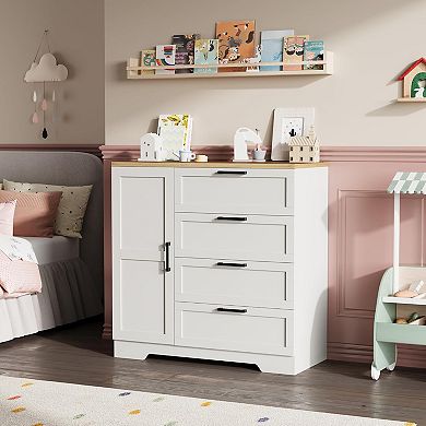 43.3" H Wardrobe with 4 Drawers & Hanging Rod, Multifunctional Wood Storage Cabinet