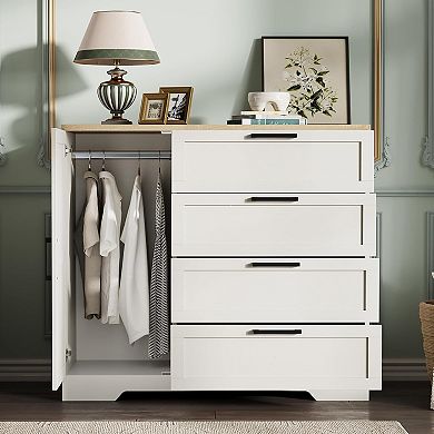 43.3" H Wardrobe with 4 Drawers & Hanging Rod, Multifunctional Wood Storage Cabinet