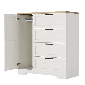 43.3" H Wardrobe with 4 Drawers & Hanging Rod, Multifunctional Wood Storage Cabinet