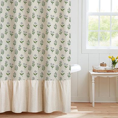 Vintage Blue Floral Shower Curtain: Linen-Textured Water-Repellent Rust-Resistant Grommets