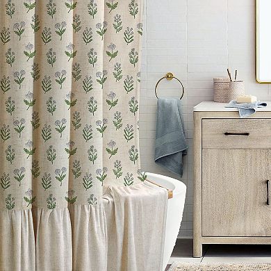 Vintage Blue Floral Shower Curtain: Linen-Textured Water-Repellent Rust-Resistant Grommets
