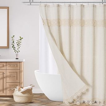 Boho Farmhouse Shower Curtain Set with Linen Polyester Fabric and Macrame Lace Decor - Beige