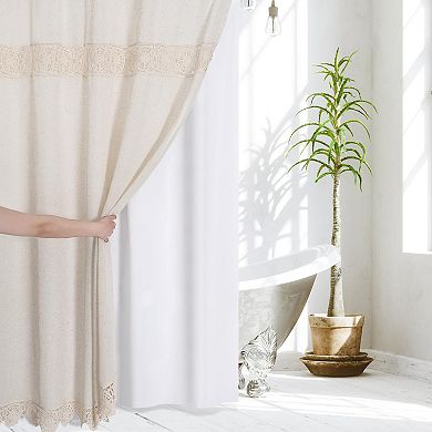 Boho Farmhouse Shower Curtain Set with Linen Polyester Fabric and Macrame Lace Decor - Beige
