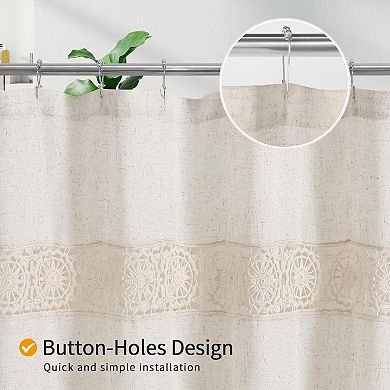 Boho Farmhouse Shower Curtain Set with Linen Polyester Fabric and Macrame Lace Decor - Beige