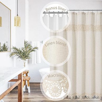Boho Farmhouse Shower Curtain Set with Linen Polyester Fabric and Macrame Lace Decor - Beige