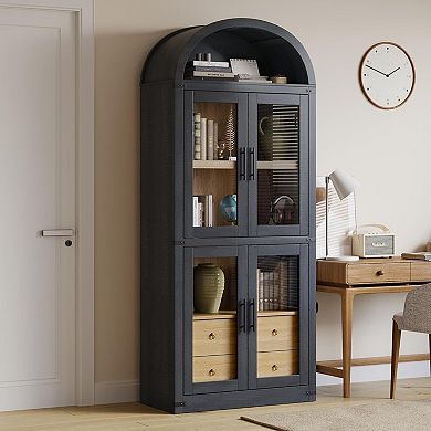 4 Tier Bookshelf with 2 Drawers & Doors, Tall Wooden Storage Shelf for Home Office